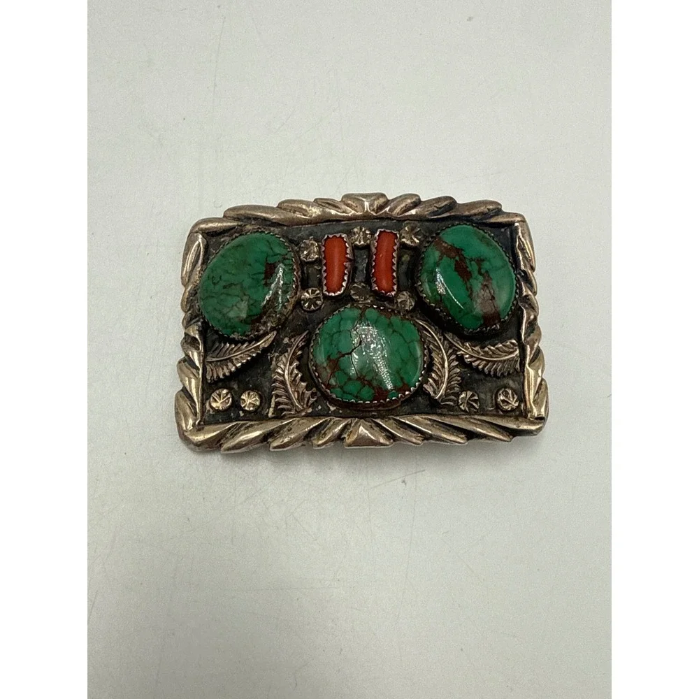 Vintage Sterling  Navajo Style Turquoise Coral Belt Buckle Silver Tone Leaf